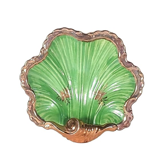 VTG Green & Gold Ceramic Shell Dish Seashell Scroll Bowl- Maker's Mark "G" MCM - Picture 1 of 12